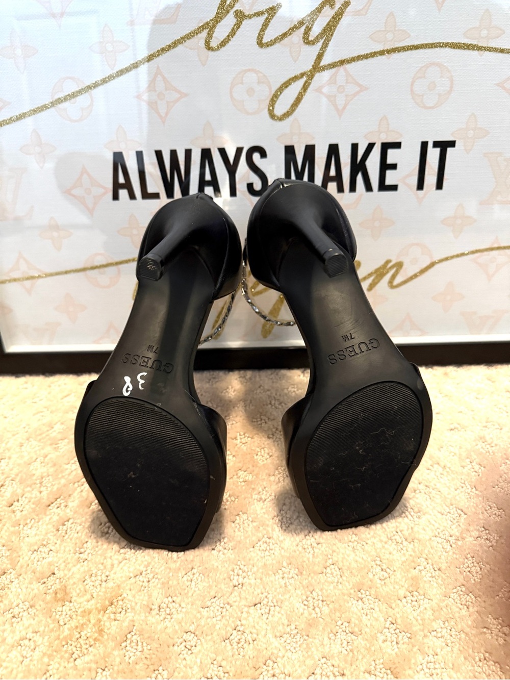 GUESS Black Heeled Sandals with Crystal Chain Anklets - Picture 3 of 3